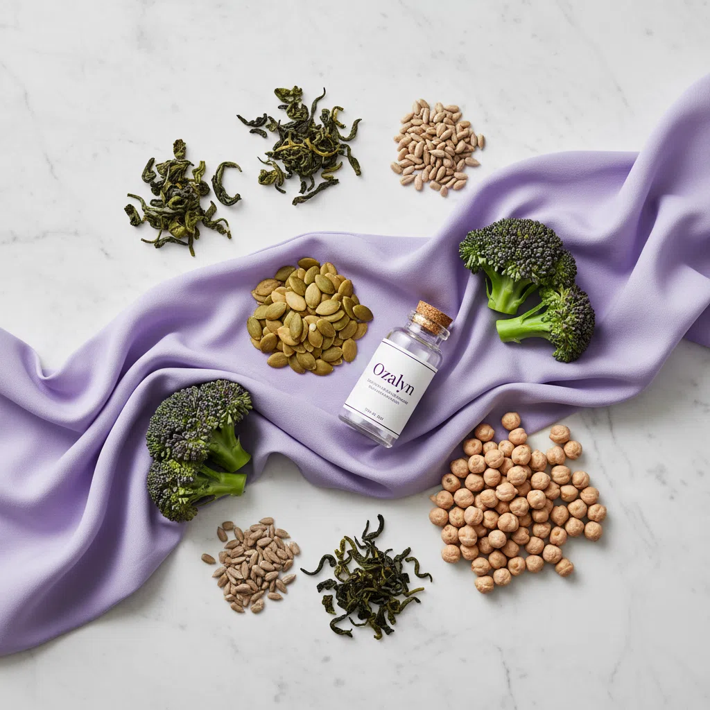 Naturliga ingredienser för aktiv livsstil - broccoli, pumpafrön, solrosfrön, grönt te, kikärtor